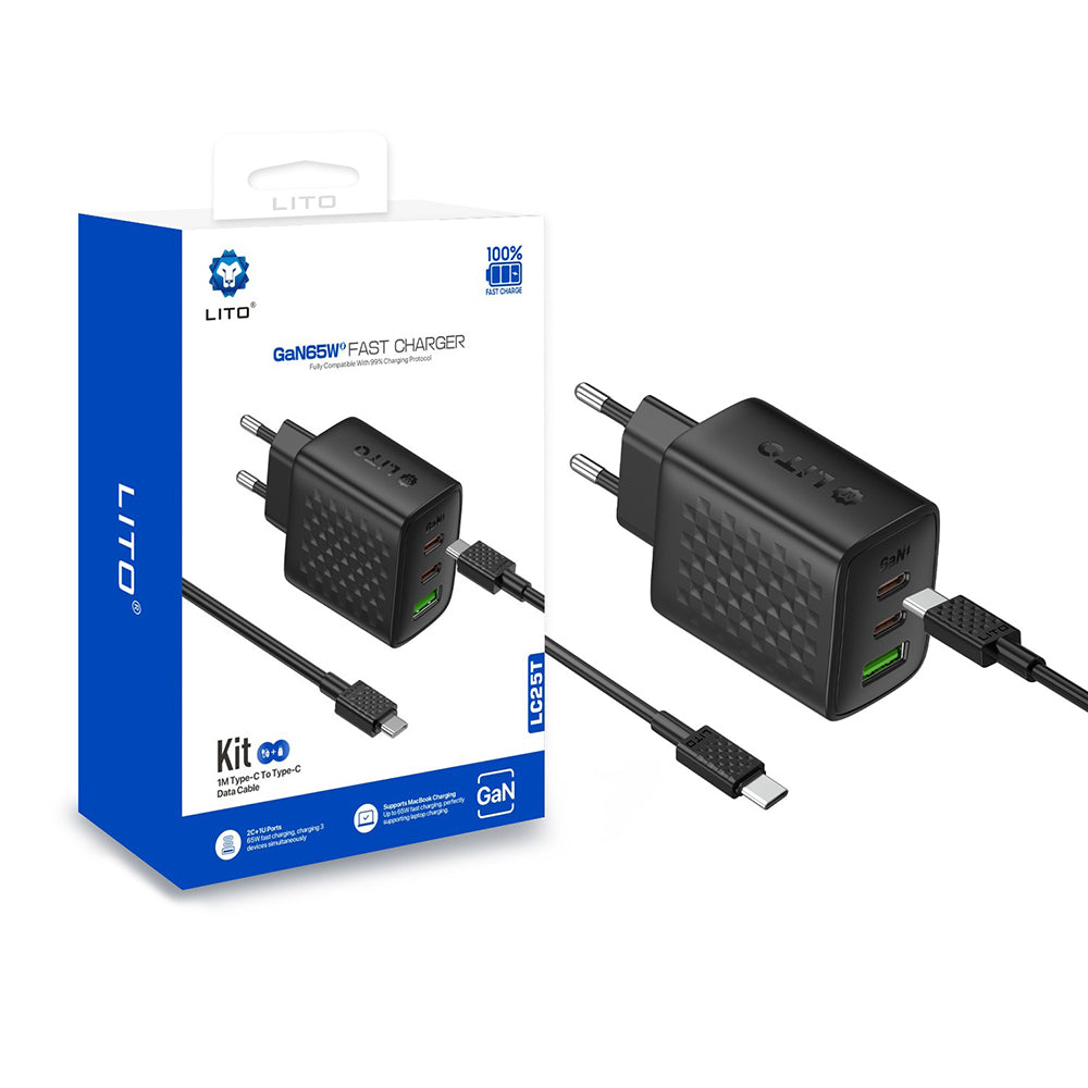 Chargeur réseau avec câble USB-C Lito LC25T, 65W, 3.25A, 1 x USB-A - 2 x USB-C, Noir