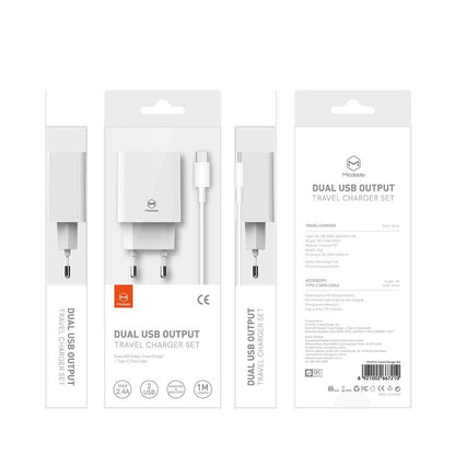 Chargeur Réseau avec Câble USB-C McDodo CH-6721 Offre, 12W, 2.4A, 2 x USB-A, Blanc