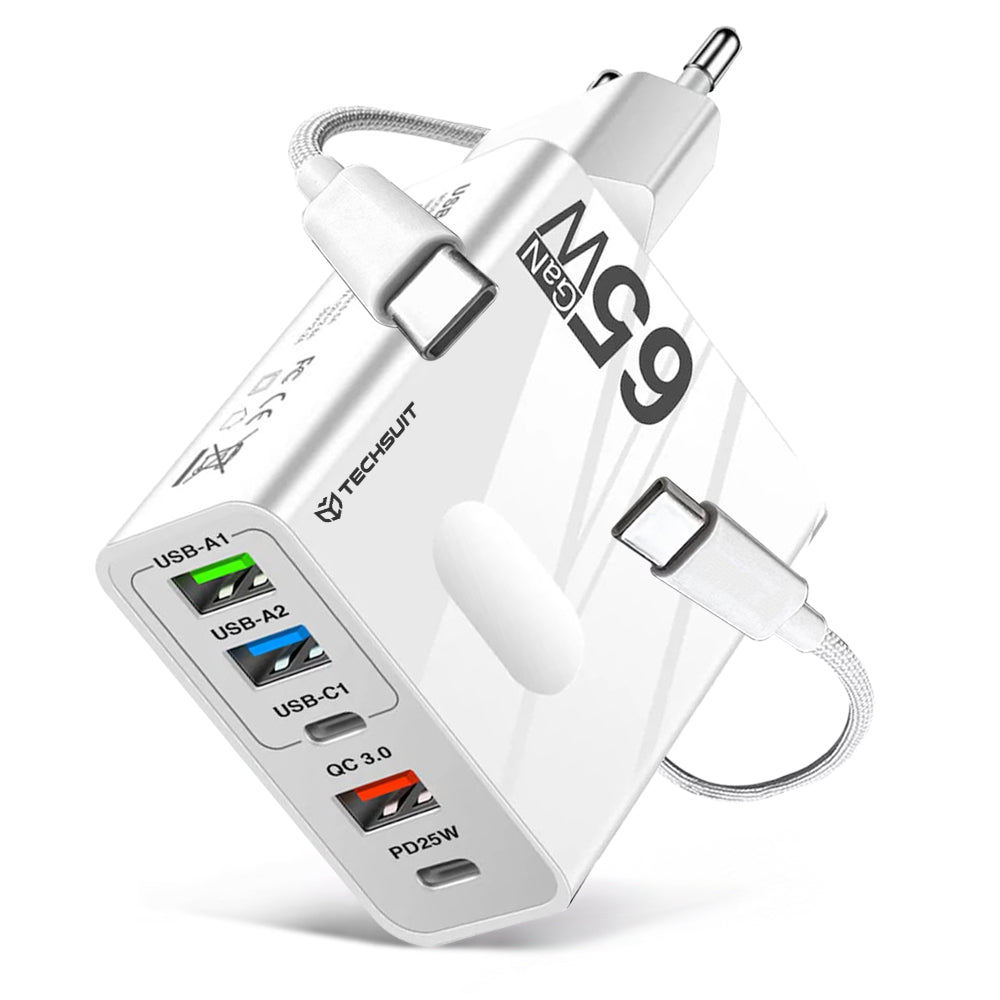 Chargeur réseau avec câble USB-C Techsuit CHC1 PentaXPower, 25W, 3A, 3 x USB-A - 2 x USB-C, Blanc