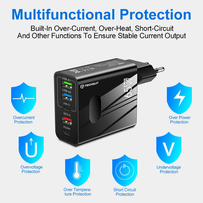 Chargeur réseau avec câble USB-C Techsuit CHC1 PentaXPower, 25W, 3A, 3 x USB-A - 2 x USB-C, Blanc