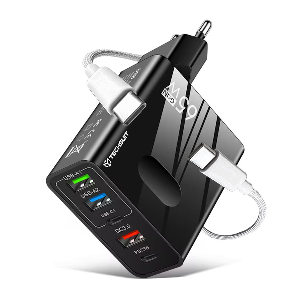Chargeur réseau avec câble USB-C Techsuit CHC1 PentaXPower, 25W, 3A, 3 x USB-A - 2 x USB-C, Noir