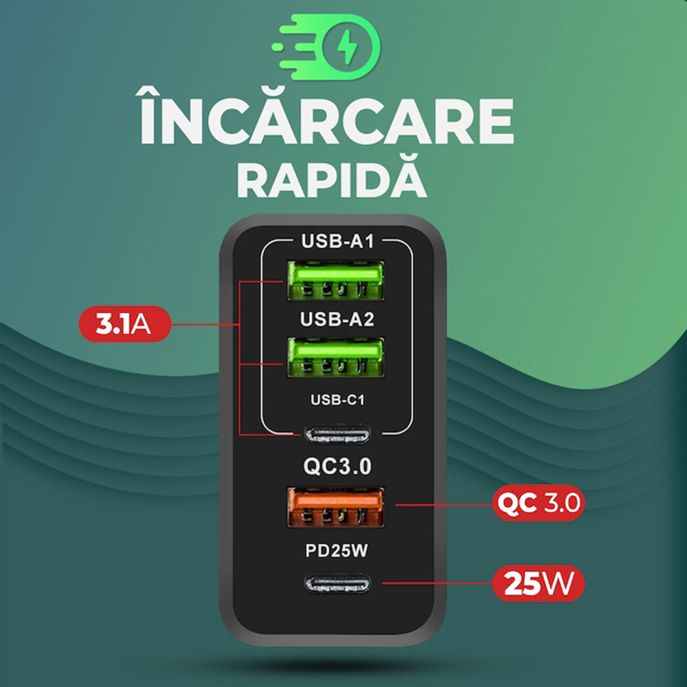 Chargeur réseau avec câble USB-C Techsuit CHC1 PentaXPower, 25W, 3A, 3 x USB-A - 2 x USB-C, Noir