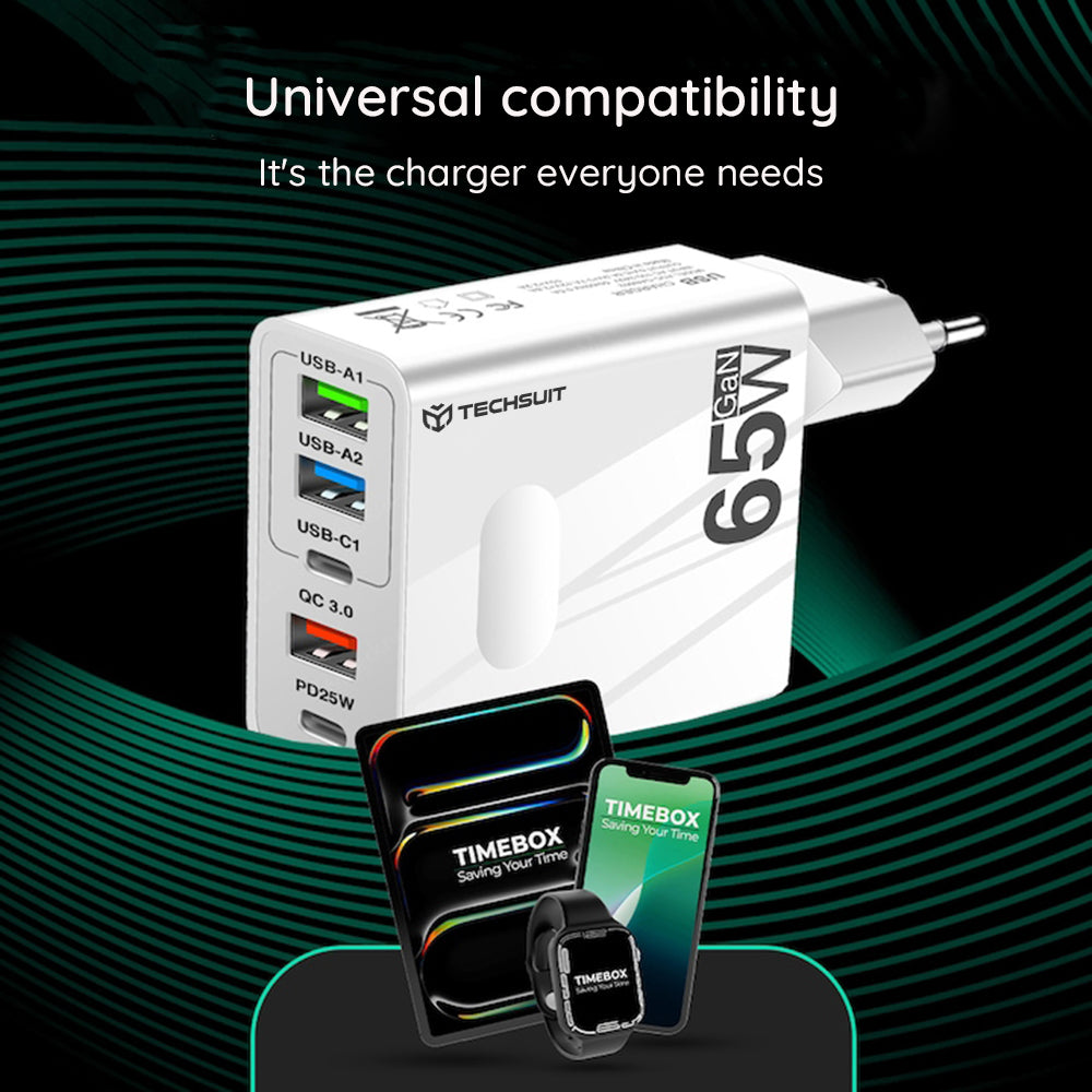 Chargeur réseau avec câble USB-C Techsuit CHC1 PentaXPower, 25W, 3A, 3 x USB-A - 2 x USB-C, Noir