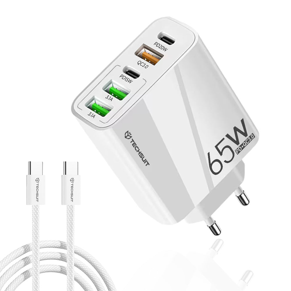 Chargeur réseau avec câble USB-C Techsuit CHC2 PentaXPower, 20W, 3A, 3 x USB-A - 2 x USB-C, Blanc