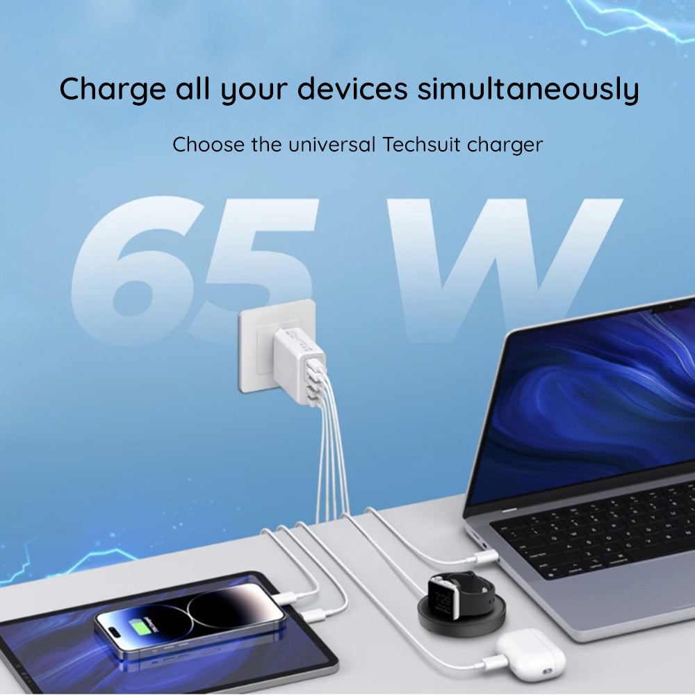 Chargeur réseau avec câble USB-C Techsuit CHC2 PentaXPower, 20W, 3A, 3 x USB-A - 2 x USB-C, Blanc
