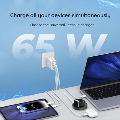 Chargeur réseau avec câble USB-C Techsuit CHC2 PentaXPower, 20W, 3A, 3 x USB-A - 2 x USB-C, Blanc