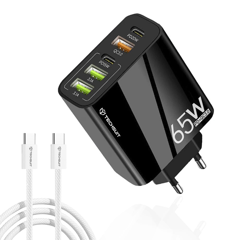 Chargeur réseau avec câble USB-C Techsuit CHC2 PentaXPower, 20W, 3A, 3 x USB-A - 2 x USB-C, Noir