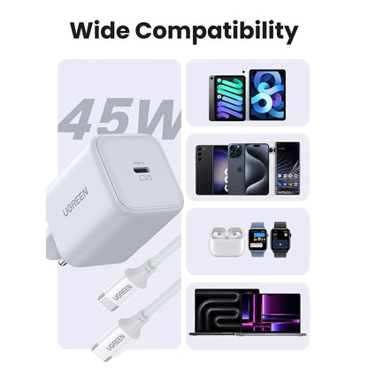 Chargeur secteur avec câble USB-C UGREEN X524 (65055), 45W, 3A, 1 x USB-C, Blanc