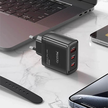Chargeur Secteur avec Câble USB-C Yesido YC144C, 65W, 3.25A, 1 x USB-A - 2 x USB-C, Noir