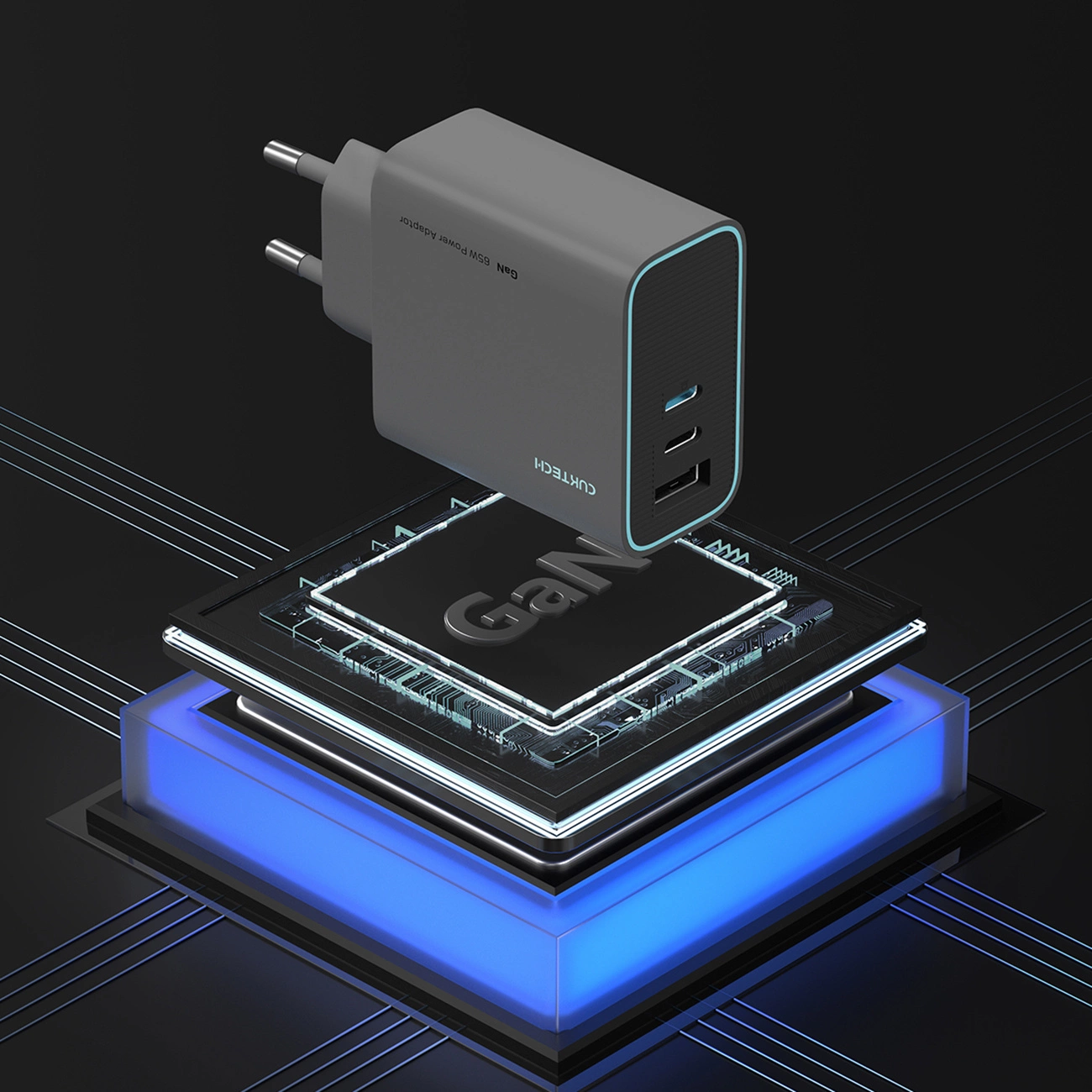 Chargeur Réseau Cuktech, 65W, 3A, 1 x USB-A - 2 x USB-C, Gris CUKAD653EUGR