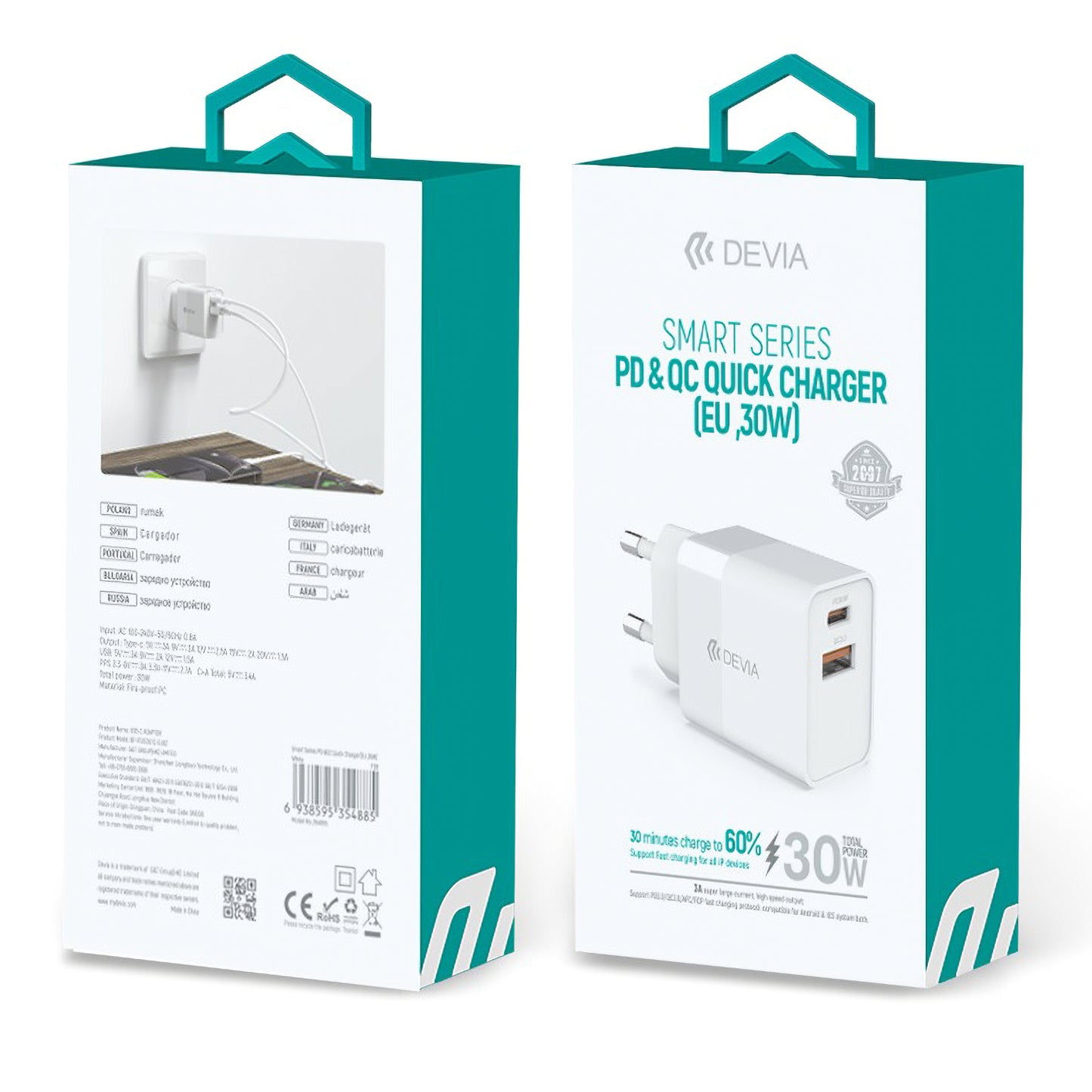 DEVIA RLC-389 Chargeur réseau, 30W, 3A, 1 x USB-A - 1 x USB-C, blanc 