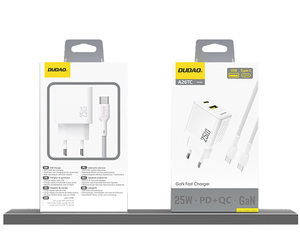 Chargeur Réseau Dudao A26T, 25W, 3A, 1 x USB-A - 1 x USB-C, Blanc