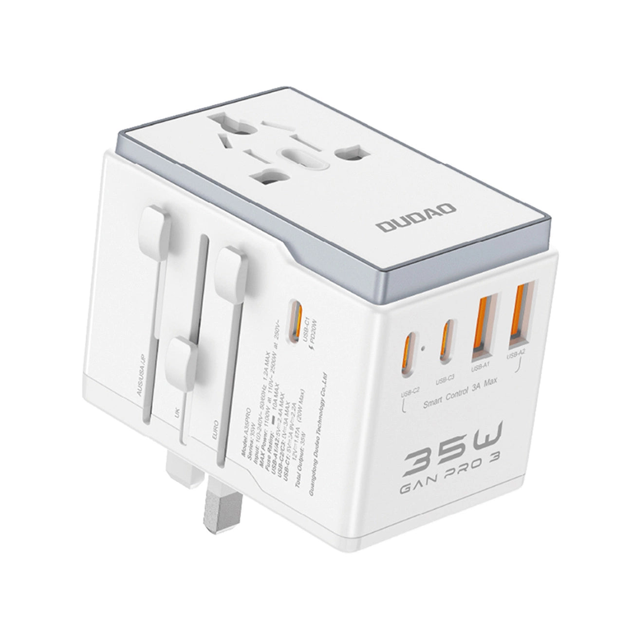 Chargeur réseau Dudao Travel A35Pro, 35W, 3A, 2 x USB-A - 3 x USB-C, blanc 