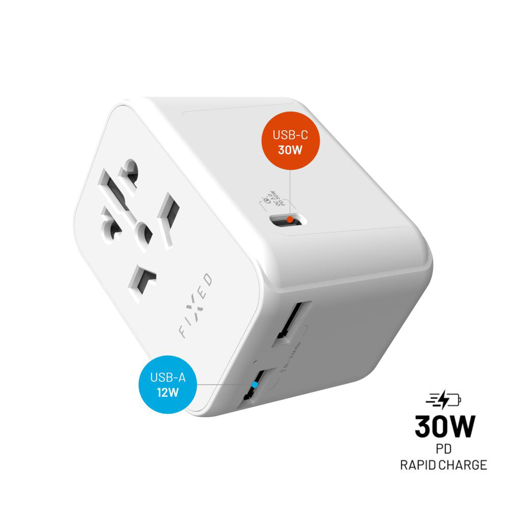 Chargeur Réseau Fixed Travel, 30W, 3A, 2 x USB-A - 1 x USB-C, Blanc