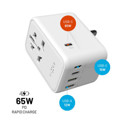 Chargeur Réseau Fixed Travel, 65W, 3.25A, 2 x USB-A - 3 x USB-C, Blanc