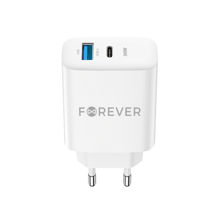 Chargeur réseau Forever TC-07-30AC, 30W, 3A, 1 x USB-A - 1 x USB-C, blanc