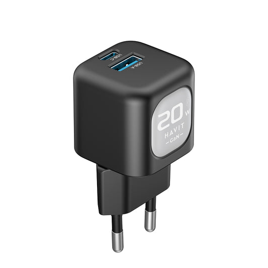 Chargeur Réseau HAVIT UC220, 20W, 3A, 1 x USB-A - 1 x USB-C, Noir Gris