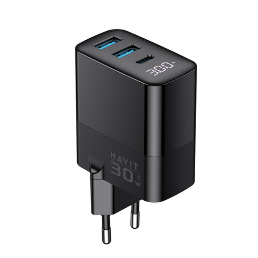 Chargeur Réseau HAVIT UCLE001, 30W, 3A, 2 x USB-A - 1 x USB-C, Noir