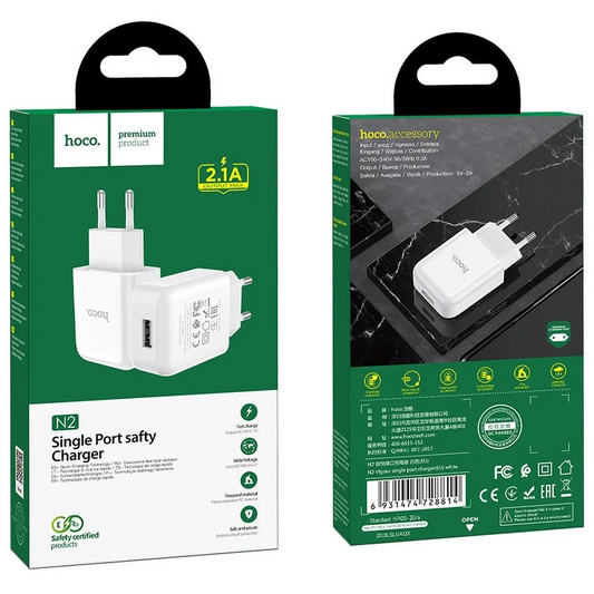 Chargeur Secteur HOCO N2, 10W, 2A, 1 x USB-A, Blanc
