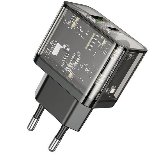 Chargeur Réseau HOCO N34, 20W, 3A, 1 x USB-A - 1 x USB-C, Transparent