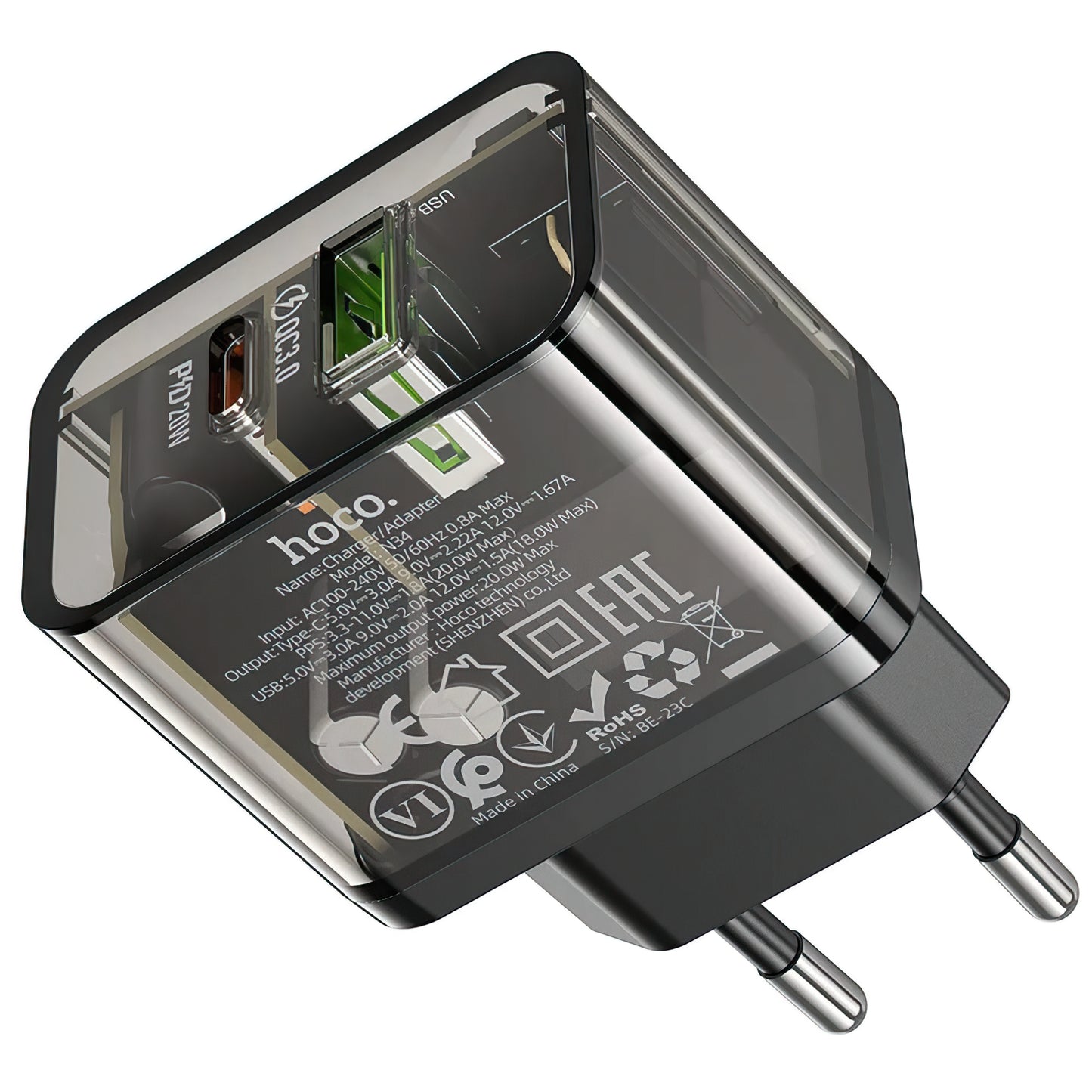 HOCO N34 Network Charger, 20W, 3A, 1 x USB-A - 1 x USB-C, Transparent