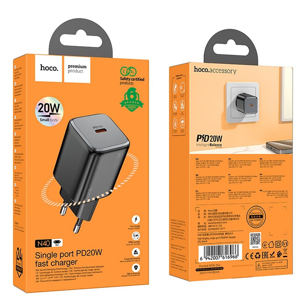Chargeur Réseau HOCO N40, 20W, 3A, 1 x USB-C, Noir
