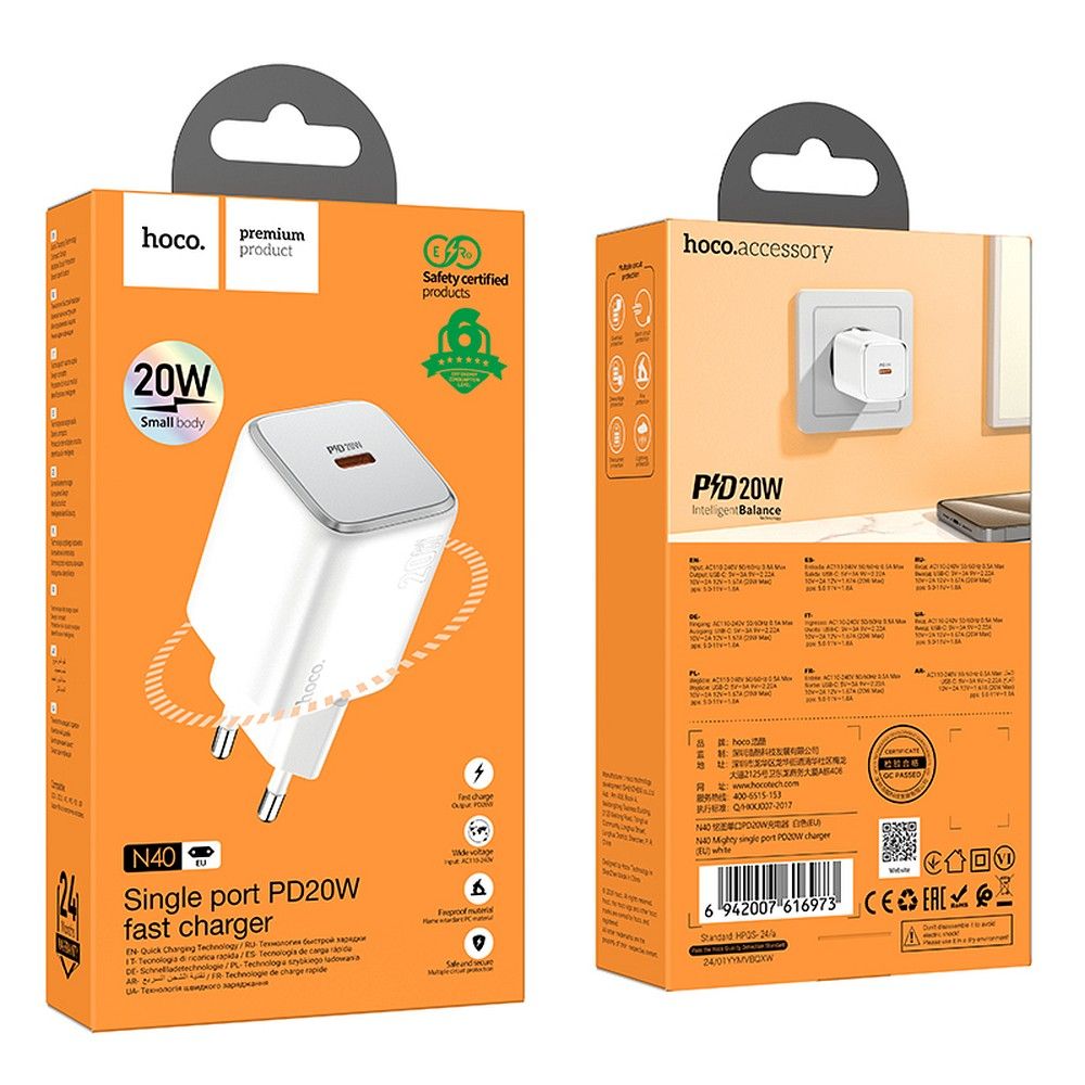 Chargeur Réseau HOCO N40, 20W, 3A, 1 x USB-C, Blanc