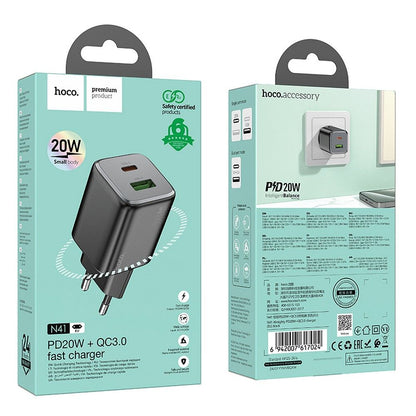 Chargeur Réseau HOCO N41, 20W, 3A, 1 x USB-A - 1 x USB-C, Noir