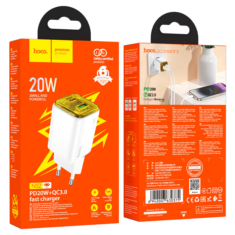 Chargeur Réseau HOCO N52, 20W, 3A, 1 x USB-A - 1 x USB-C, Blanc