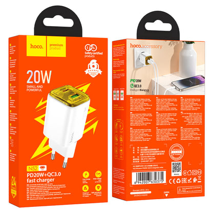 Chargeur Réseau HOCO N52, 20W, 3A, 1 x USB-A - 1 x USB-C, Blanc
