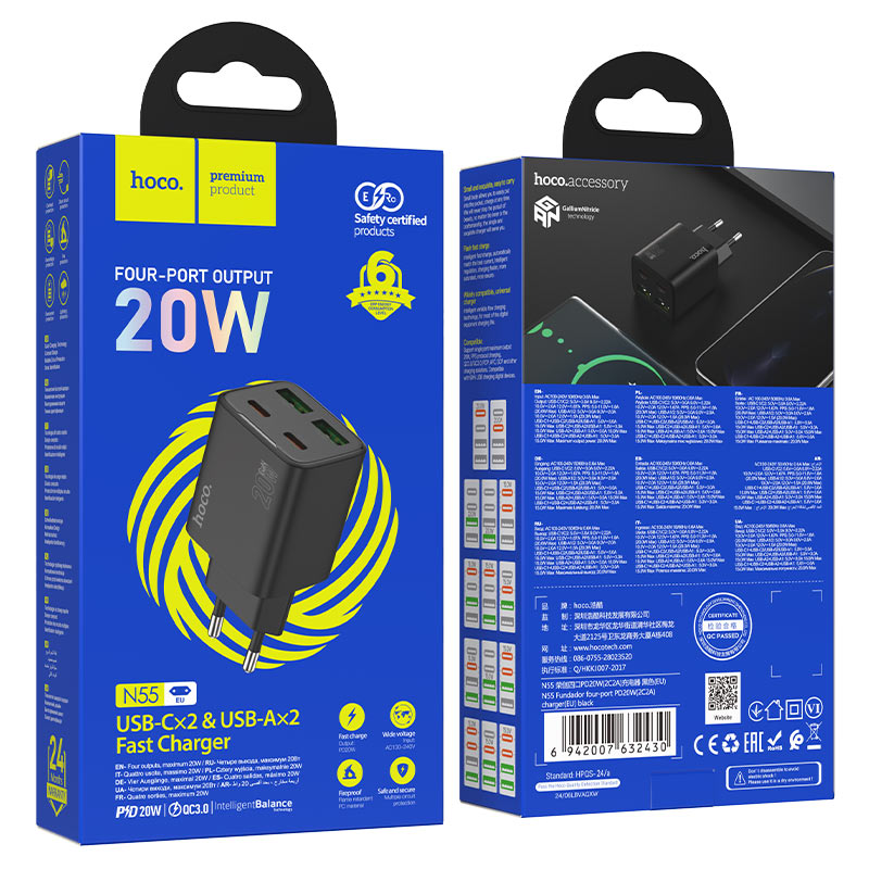 Chargeur Réseau HOCO N55, 20W, 3A, 2 x USB-A - 2 x USB-C, Noir