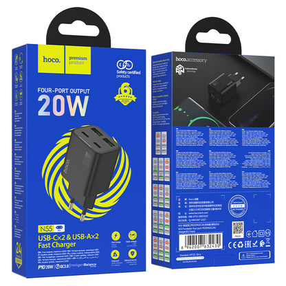 Chargeur Réseau HOCO N55, 20W, 3A, 2 x USB-A - 2 x USB-C, Noir