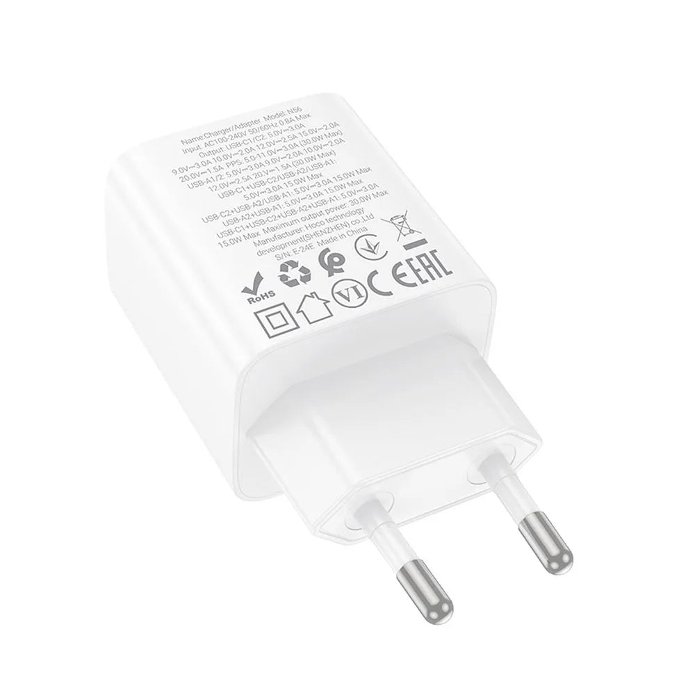 Chargeur Réseau HOCO N56, 30W, 3A, 2 x USB-A - 2 x USB-C, Blanc