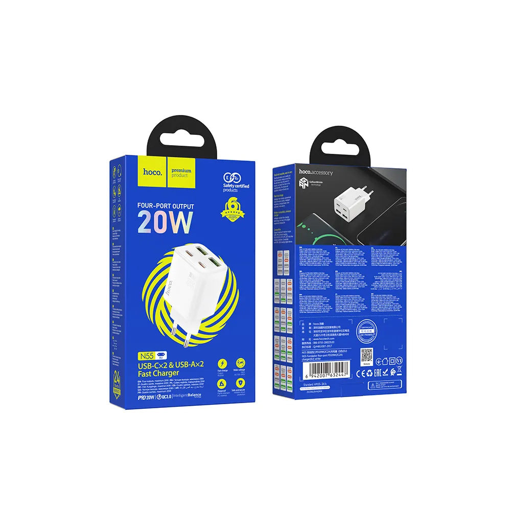 Chargeur Réseau HOCO N56, 30W, 3A, 2 x USB-A - 2 x USB-C, Blanc