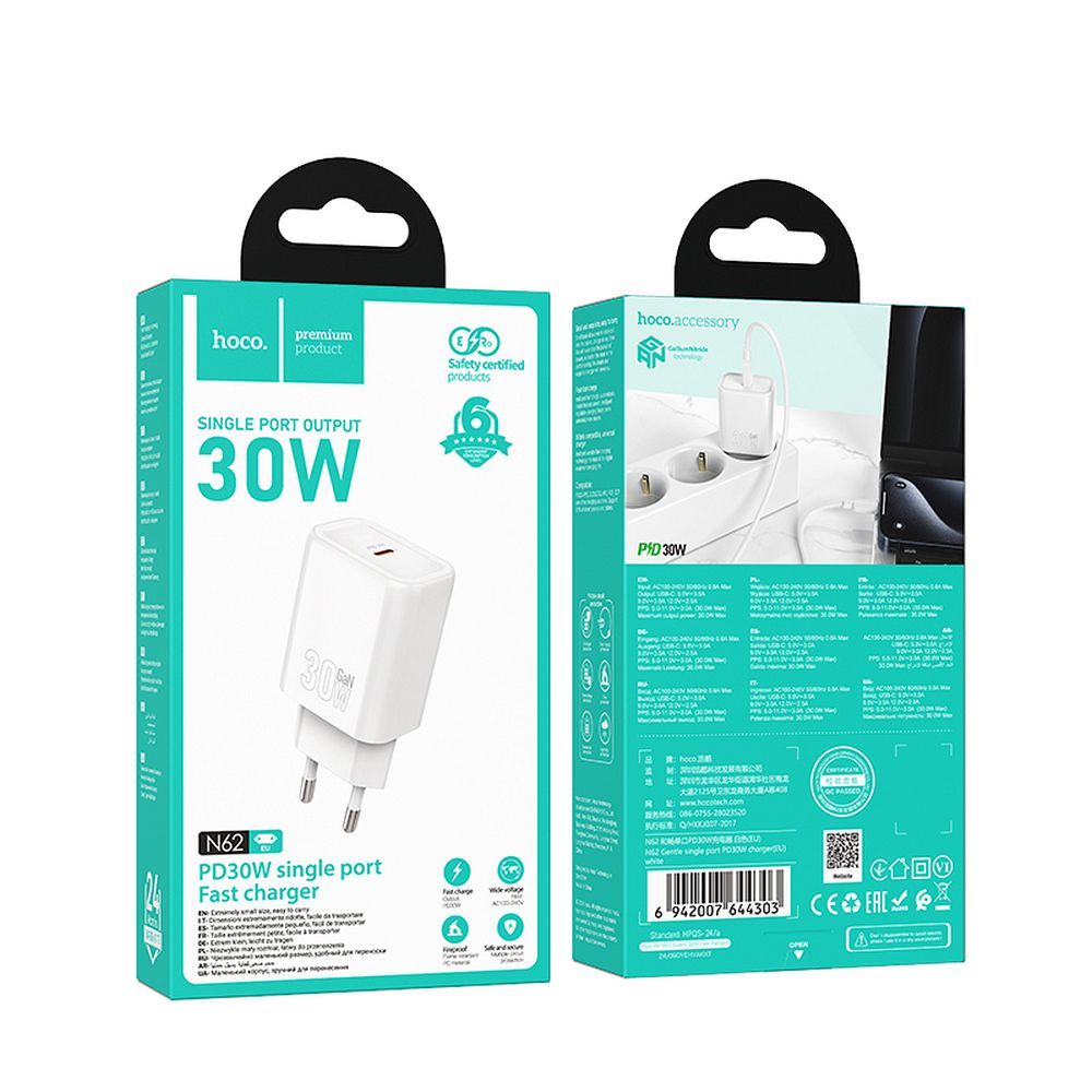 Chargeur Réseau HOCO N62, 30W, 3A, 1 x USB-C, Blanc