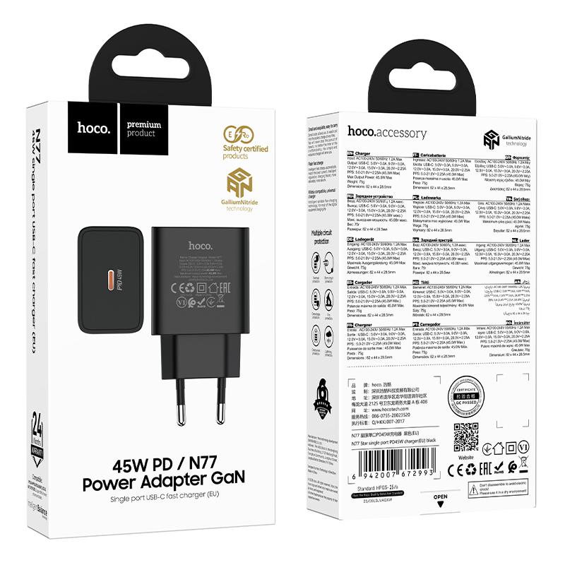 Chargeur secteur HOCO N77, 45W, 3A, 1 x USB-C, Noir
