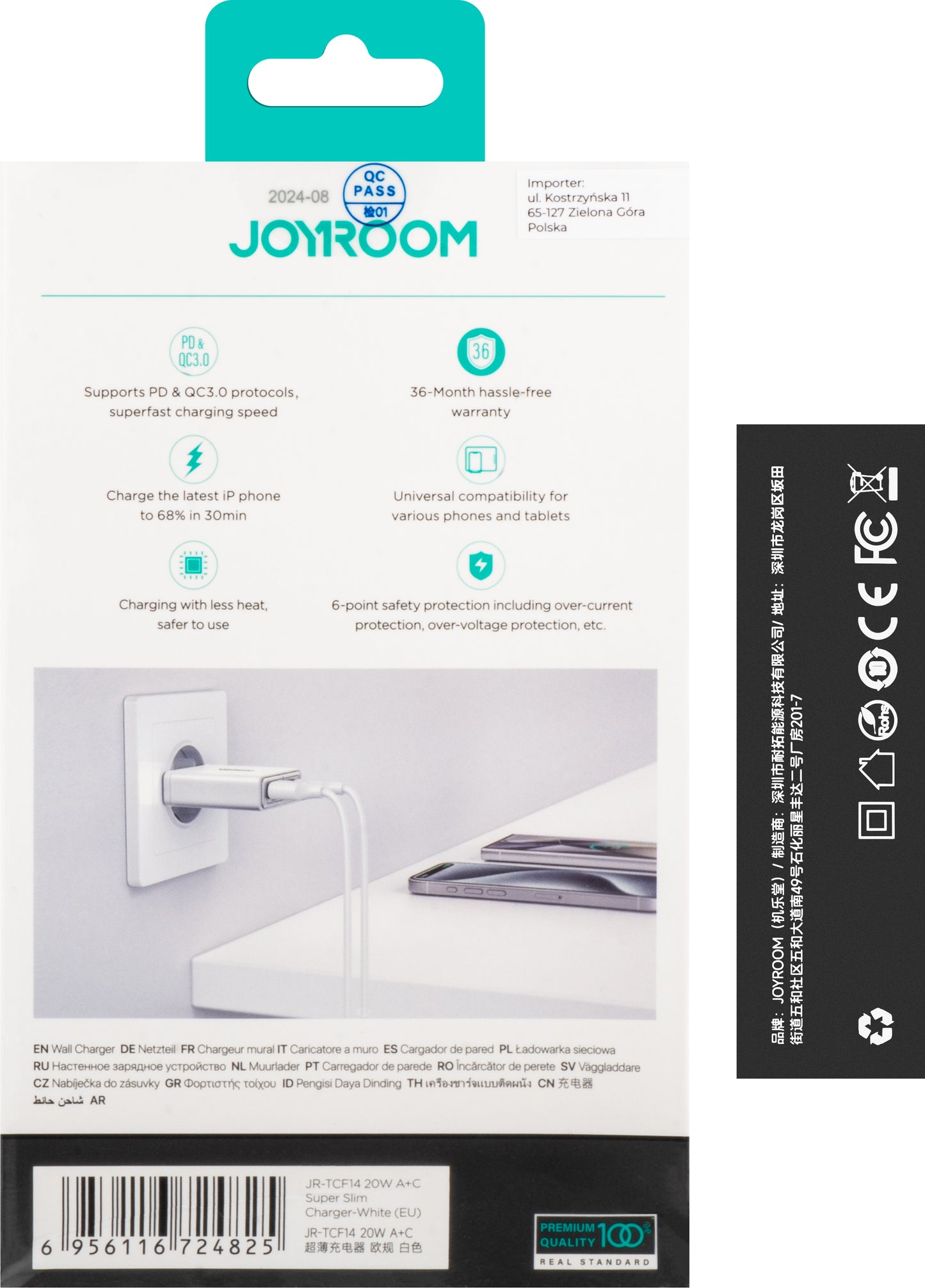 Chargeur réseau Joyroom JR-TCF14, 20W, 3A, 1 x USB-A - 1 x USB-C, blanc 