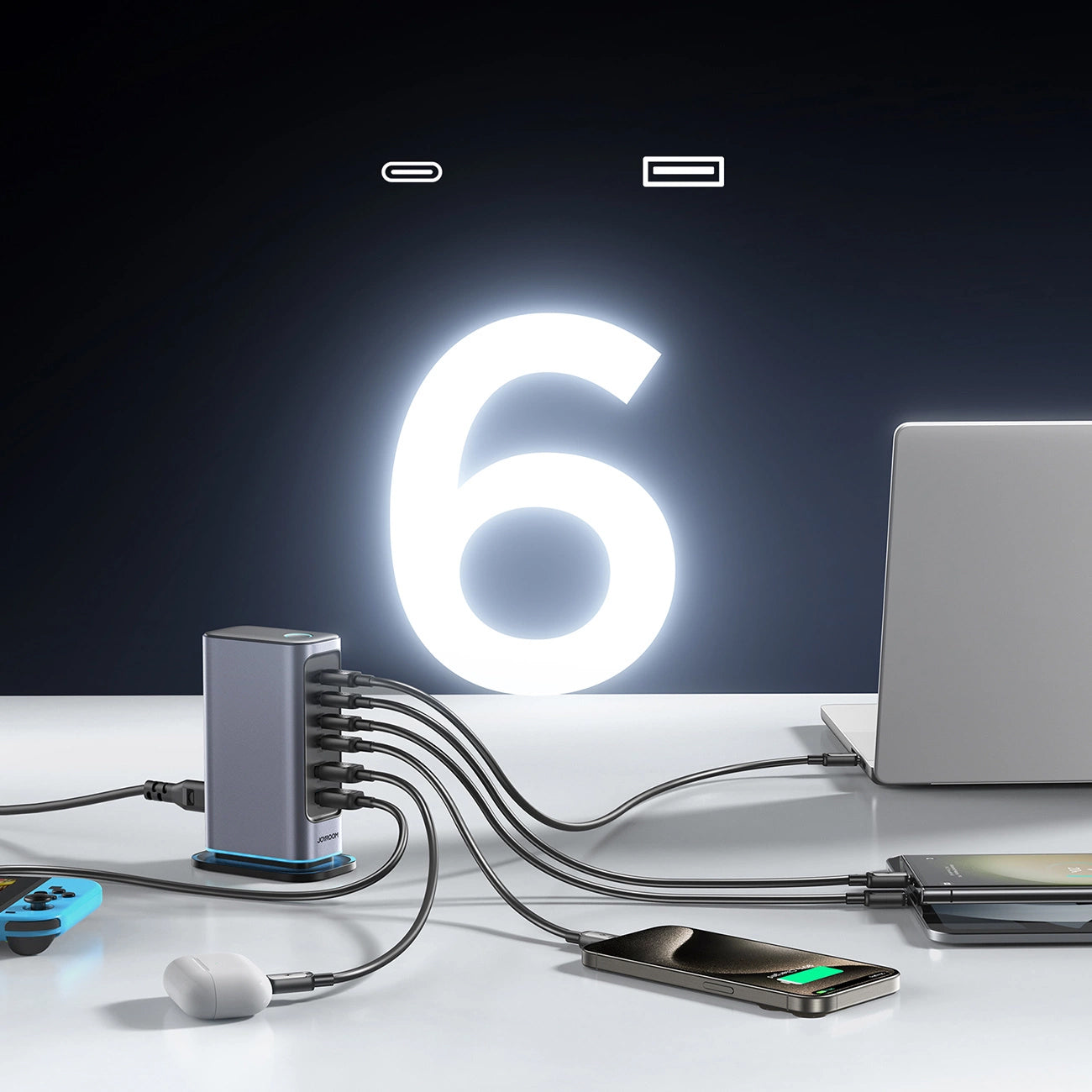 Chargeur Station Joyroom JR-TCM02, 65W, 3.25A, 2 x USB-A - 4 x USB-C, Gris