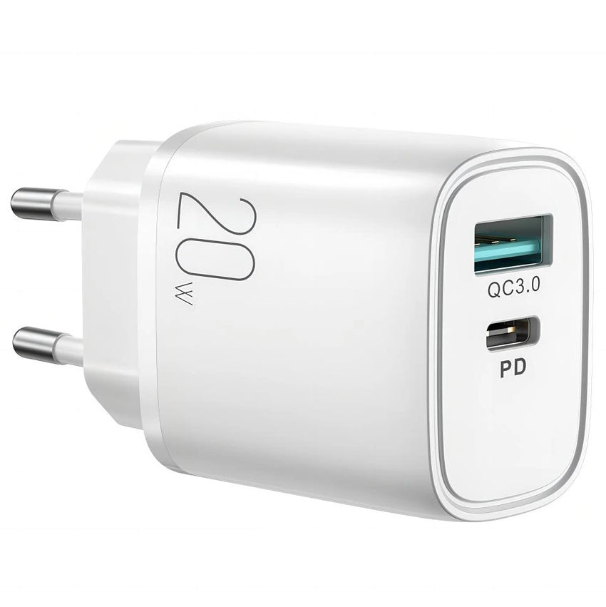 Joyroom L-QP2011 Chargeur réseau, 20W, 3A, 1 x USB-A - 1 x USB-C, blanc 