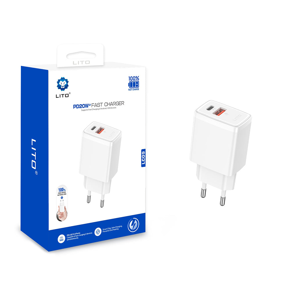 Chargeur Réseau Lito LC09, 20W, 3A, 1 x USB-A - 1 x USB-C, Blanc