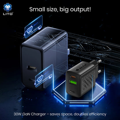 Chargeur Réseau Lito LC19, 30W, 3A, 1 x USB-A - 1 x USB-C, Noir