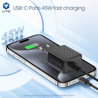 Chargeur Réseau Lito LC20, 45W, 3A, 1 x USB-C, Noir