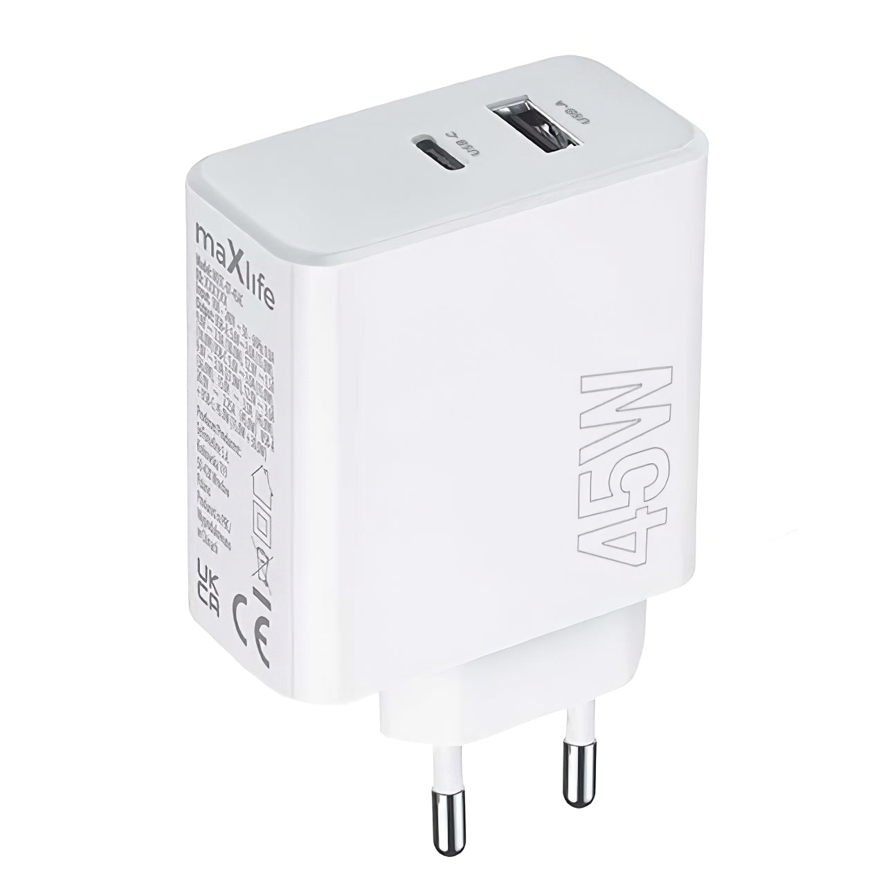 Chargeur réseau MaXlife MXTC-07-45AC, 45W, 3A, 1 x USB-A - 1 x USB-C, blanc