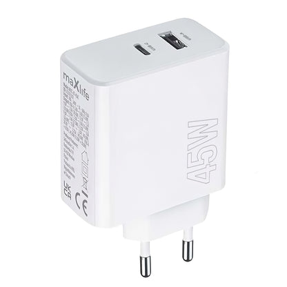 Chargeur réseau MaXlife MXTC-07-45AC, 45W, 3A, 1 x USB-A - 1 x USB-C, blanc