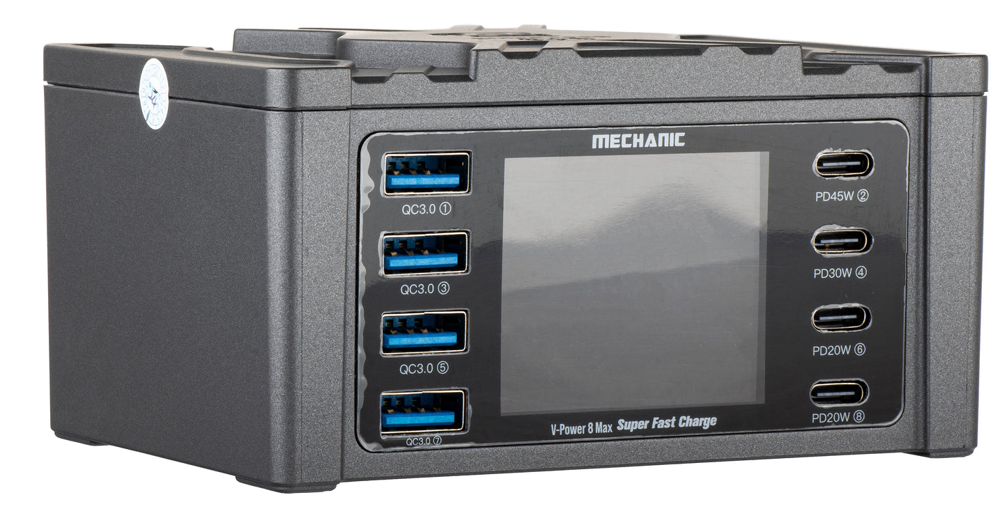 Chargeur Station Mechanic V-Power Max avec Affichage, 115W, 3A, 4 x USB-A - 4 x USB-C, Noir