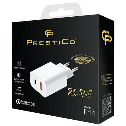 Chargeur réseau Prestico F11, 20W, 3A, 1 x USB-A - 1 x USB-C, blanc 