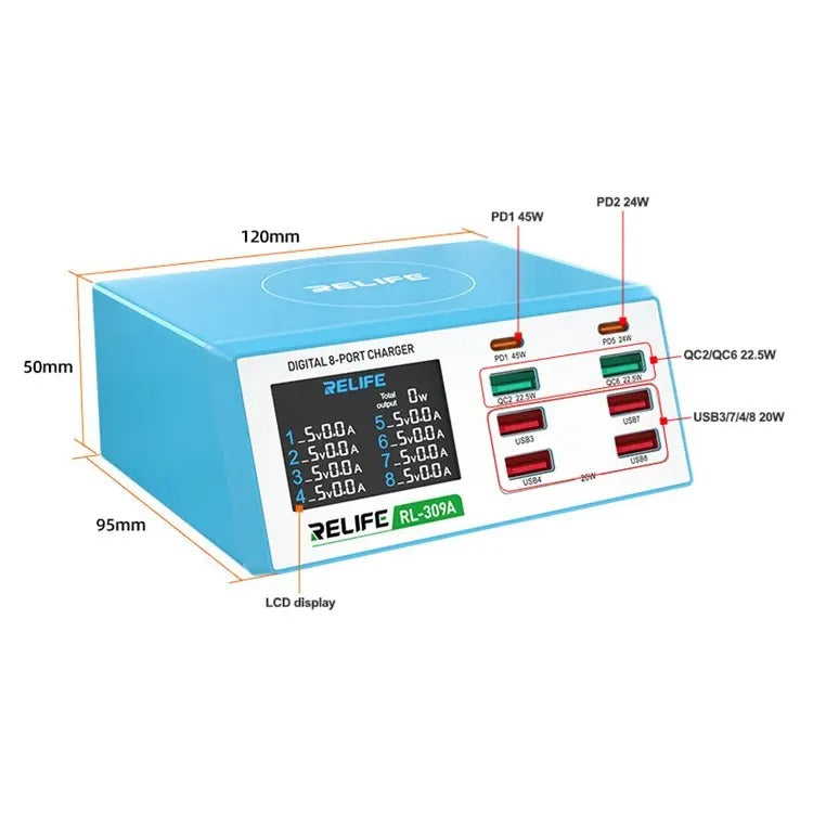 Chargeur réseau Relife RL-309A, 100W, 4.5A, 2 x USB-C - 6 x USB-A, bleu 