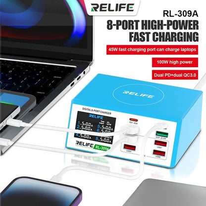 Chargeur réseau Relife RL-309A, 100W, 4.5A, 2 x USB-C - 6 x USB-A, bleu 