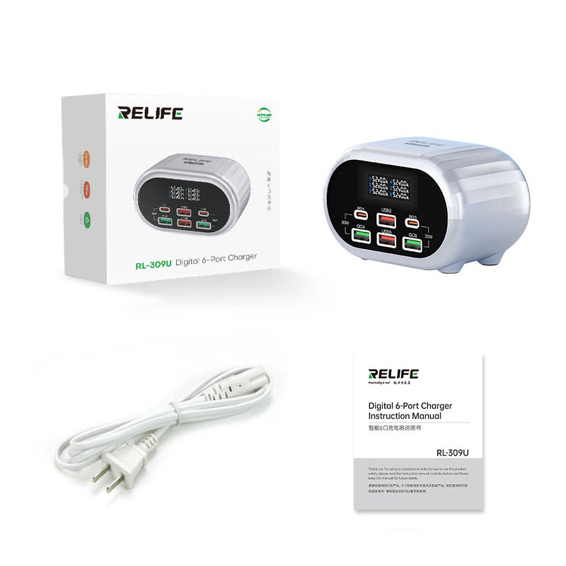 Chargeur réseau Relife RL-309U, 72W, 5A, 2 x USB-C - 4 x USB-A, Argent 