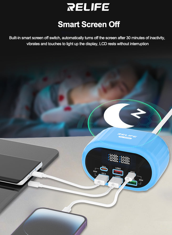 Chargeur Station Relife RL-309U, 72W, 5A, 2 x USB-C - 4 x USB-A, Bleu